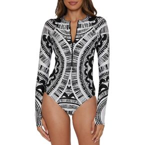 Trina Turk Women's Hula One Piece Swimsuit, Long Seelve, Zip-up, Abstract Print, Bathing Suits