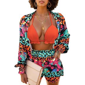 3 Piece Swimsuits for Women Hawaiian Outfits Floral Tropical Bikini & Short Sets Summer Beach Sexy Cover Ups Luau Party