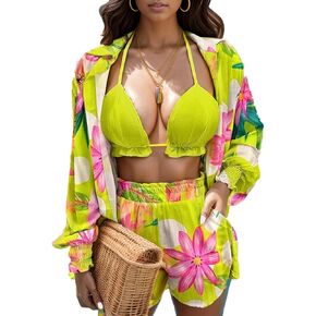 3 Piece Swimsuits for Women Hawaiian Outfits Floral Tropical Bikini & Short Sets Summer Beach Sexy Cover Ups Luau Party