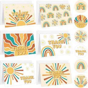 30 Packs Boho Sun Thank You Cards Groovy Retro Sunshine Greeting Cards with Envelopes and Stickers Here Comes the Son Blank Note Cards for Baby Shower Birthday Party Supplies