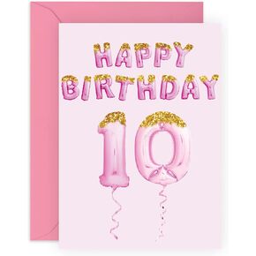CENTRAL 23 10th Birthday Card For Girl - Girls Birthday Cards 10 Year Old - Pink Party Balloons - Tenth Birthday Card For Kids Granddaughter Niece - Comes With Fun Stickers - Made In The UK