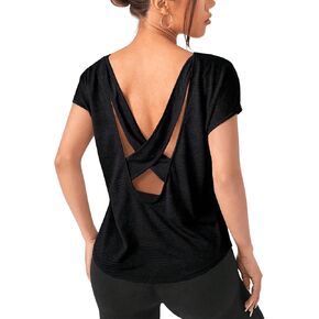 SweatyRocks Women's Criss Cross Backless Yoga Shirt Sports Tops Short Sleeve Round Neck Workout T Shirt in Saudi Arabia