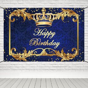 Renaiss 6x3.6ft Happy Birthday Banner Royal Blue Prince Birthday Party Decoration Gold Crown King Theme Birthday Party Supplies Royal Blue and Gold Boys Man Birthday Yard Sign Photography Background