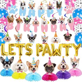 Dog Birthday Party Supplies, Dog Party Decorations Includes 1 Birthday Banner, 6 Dog Honeycomb Centerpieces, 6 Hanging Swirls with 6 Dog Cutouts, LETS PAWTY Letter Balloons and 12 Balloons