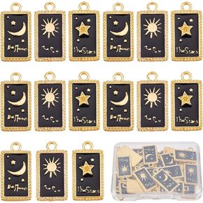 SUNNYCLUE 1 صندوق 30 قطعة سحر النجمة والقمر مطلي بالذهب بطاقة التارو نمط المينا ستار سحر مستطيل سحر الفضاء الأسود لصنع المجوهرات سحر قلادة الهالوين سوار أقراط النساء الحرف اليدوية
