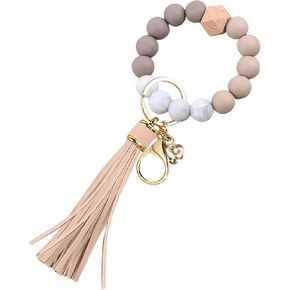 Amerzam Silicone Keychain Bracelet,Wrist Key ring,Keychain Bracelet,Silicone Key Ring Bracelet Wristlet Keychain Silicone Beaded Bangle Bracelet Key Ring KeyChain for Women Girls with Leather Tassel