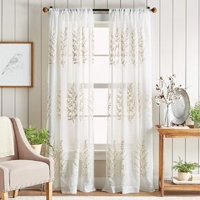 Martha Stewart Georgia Embroidery Sheer Rod Pocket Window Curtain Panel Pair, 84, Ivory
