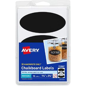 Avery Chalkboard Labels, 1.75" x 3.75" Oval Labels, Black, Non-Printable, 12 Blank Labels Total (73363)