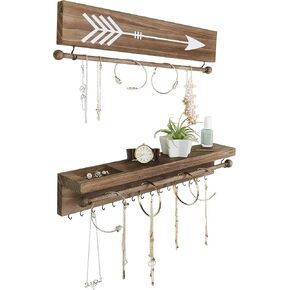 Rustic Necklace and Jewelry Organizer - Hanging Wall Mount Display - Mounted Wooden Holder for Earrings, Necklaces, Bracelets, and Many Other Accessories (Two Piece, Rustic)