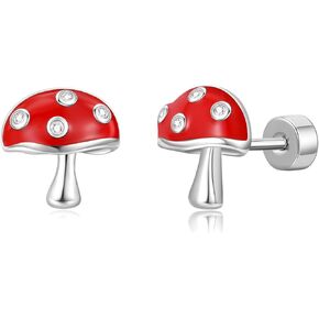 Mushroom Screw Back Earrings for Girls Gold Hypoallergenic Mushroom Crystal Stud Earrings
