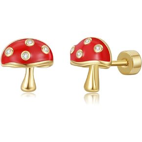 Mushroom Screw Back Earrings for Girls Gold Hypoallergenic Mushroom Crystal Stud Earrings
