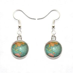 Beautiful Globe Stud Earrings Planet Earth World Map Art Earrings in Bronze or Silver with Link Chain Included.D0011