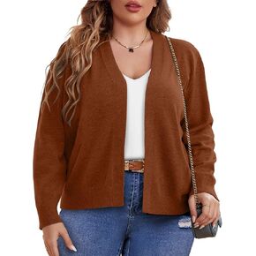 FOREYOND بني مقاس كبير سترة صوفية مفتوحة من الأمام مقاس كبير سترة متماسكة مضلعة مقاس كبير سترة صوفية متماسكة مقاس كبير سترة صوفية كاجوال متماسكة 2X in Kuwait