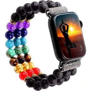 7 Chakra Healing Bracelet Beaded Band Compatible with iWatch Series SE 6 5 4 3 2 1 38mm 40mm 42mm 44mm with Stainless Steel Adapter