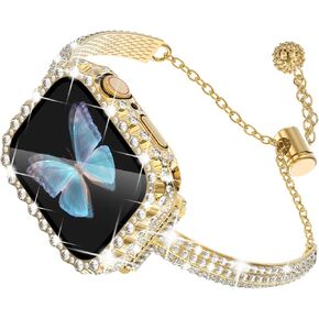 Wingle Compatible with Gold Apple Watch Bands 44mm for Women Series SE 6 5 4, Bling Diamond Slim Bracelet Dressy Fancy Band with 2 in 1 Waterproof Bling Case Lace Edge Screen Protector Face Cover 44mm