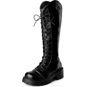 Perphy Platform Lace Up Chunky Heel Knee High Combat Boots for Women