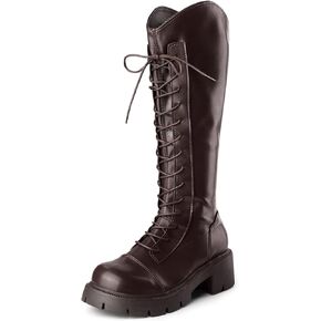 Perphy Platform Lace Up Chunky Heel Knee High Combat Boots for Women