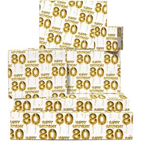 CENTRAL 23 Men Wrapping Paper Birthday - 6 Sheets of White Gift Wrap and Tags - 80th Birthday Gift - Happy Birthday Wrapping Paper for Women - Age 80 - For Mom or Dad - Comes with Stickers