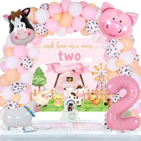 JOYMEMO Pink Farm 2nd زينة عيد الميلاد للفتيات - مجموعة قوس بالونات على شكل إكليل حيوانات المزرعة مع خلفية Oink Baa Moo Im اثنين، رقم 2 بالونات خروف البقر، مزرعة Moo Moo I Am Two من لوازم الحفلات in Saudi Arabia