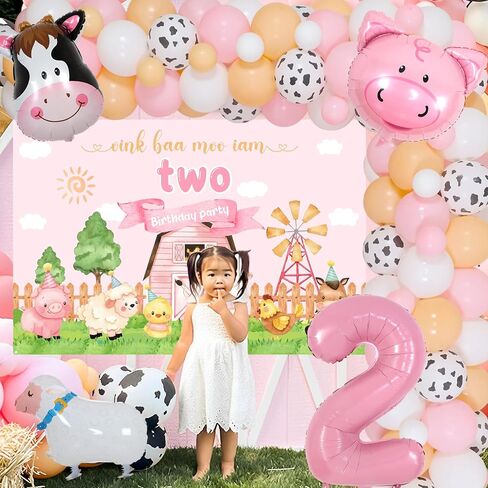JOYMEMO Pink Farm 2nd زينة عيد الميلاد للفتيات - مجموعة قوس بالونات على شكل إكليل حيوانات المزرعة مع خلفية Oink Baa Moo Im اثنين، رقم 2 بالونات خروف البقر، مزرعة Moo Moo I Am Two من لوازم الحفلات in Saudi Arabia