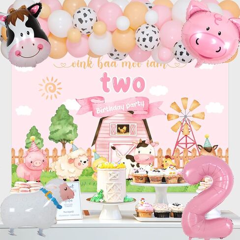 JOYMEMO Pink Farm 2nd زينة عيد الميلاد للفتيات - مجموعة قوس بالونات على شكل إكليل حيوانات المزرعة مع خلفية Oink Baa Moo Im اثنين، رقم 2 بالونات خروف البقر، مزرعة Moo Moo I Am Two من لوازم الحفلات in Saudi Arabia