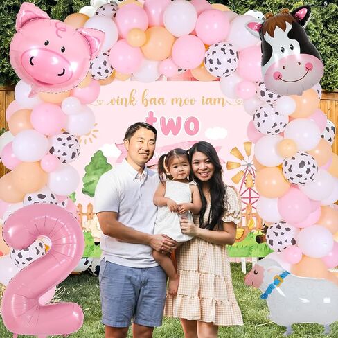 JOYMEMO Pink Farm 2nd زينة عيد الميلاد للفتيات - مجموعة قوس بالونات على شكل إكليل حيوانات المزرعة مع خلفية Oink Baa Moo Im اثنين، رقم 2 بالونات خروف البقر، مزرعة Moo Moo I Am Two من لوازم الحفلات in Saudi Arabia