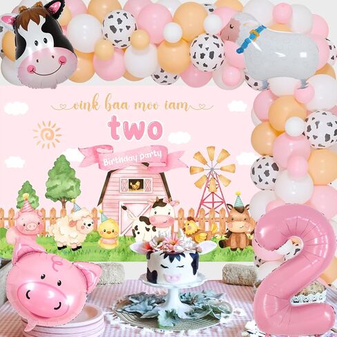 JOYMEMO Pink Farm 2nd زينة عيد الميلاد للفتيات - مجموعة قوس بالونات على شكل إكليل حيوانات المزرعة مع خلفية Oink Baa Moo Im اثنين، رقم 2 بالونات خروف البقر، مزرعة Moo Moo I Am Two من لوازم الحفلات in Saudi Arabia