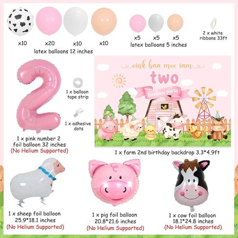 JOYMEMO Pink Farm 2nd زينة عيد الميلاد للفتيات - مجموعة قوس بالونات على شكل إكليل حيوانات المزرعة مع خلفية Oink Baa Moo Im اثنين، رقم 2 بالونات خروف البقر، مزرعة Moo Moo I Am Two من لوازم الحفلات in Saudi Arabia