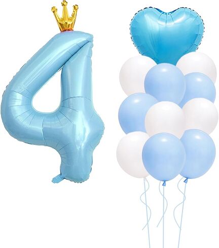40 Inch Light Blue Crown Number 4 Balloon, Light Blue Heart shaped Balloon, Light Blue And White Birthday Balloons, Blue Sliver Birthday Decoration Supply For Kids, Blue Number 4 Party in Saudi Arabia