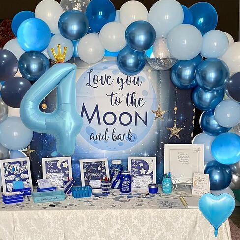 40 Inch Light Blue Crown Number 4 Balloon, Light Blue Heart shaped Balloon, Light Blue And White Birthday Balloons, Blue Sliver Birthday Decoration Supply For Kids, Blue Number 4 Party in Saudi Arabia