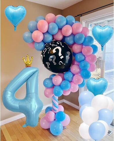 40 Inch Light Blue Crown Number 4 Balloon, Light Blue Heart shaped Balloon, Light Blue And White Birthday Balloons, Blue Sliver Birthday Decoration Supply For Kids, Blue Number 4 Party in Saudi Arabia
