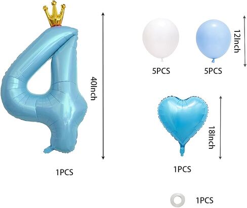 40 Inch Light Blue Crown Number 4 Balloon, Light Blue Heart shaped Balloon, Light Blue And White Birthday Balloons, Blue Sliver Birthday Decoration Supply For Kids, Blue Number 4 Party in Saudi Arabia