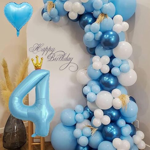 40 Inch Light Blue Crown Number 4 Balloon, Light Blue Heart shaped Balloon, Light Blue And White Birthday Balloons, Blue Sliver Birthday Decoration Supply For Kids, Blue Number 4 Party in Saudi Arabia