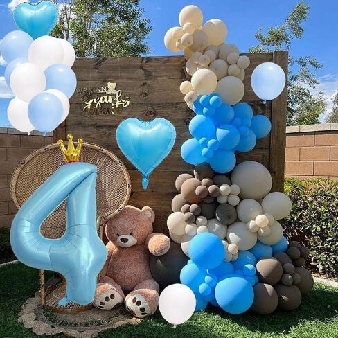 40 Inch Light Blue Crown Number 4 Balloon, Light Blue Heart shaped Balloon, Light Blue And White Birthday Balloons, Blue Sliver Birthday Decoration Supply For Kids, Blue Number 4 Party in Saudi Arabia