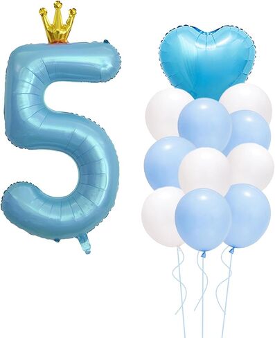 40 Inch Light Blue Crown Number 4 Balloon, Light Blue Heart shaped Balloon, Light Blue And White Birthday Balloons, Blue Sliver Birthday Decoration Supply For Kids, Blue Number 4 Party in Saudi Arabia