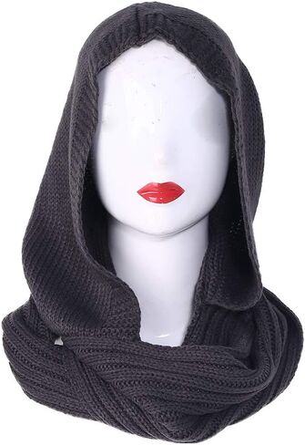 Women Winter Knit Hood Infinity Scarf Windproof Shawl Wrap Earflap Neck Warmer,Ladies Scarf,Dark Gray in Saudi Arabia