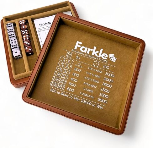 Luck Lab Farkle Dice Tray and Storage Case - Includes Embedded Scoring Combinations, 2 Sets of 6 Pearl Dice, 40 Sheet Score Pad and Pen Holder for The Classic Family Game (Brown) in Kuwait