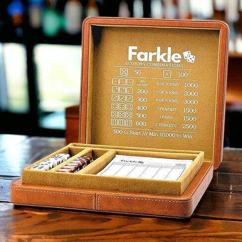 Luck Lab Farkle Dice Tray and Storage Case - Includes Embedded Scoring Combinations, 2 Sets of 6 Pearl Dice, 40 Sheet Score Pad and Pen Holder for The Classic Family Game (Brown) in Kuwait