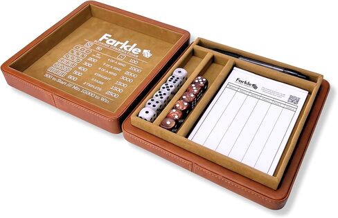 Luck Lab Farkle Dice Tray and Storage Case - Includes Embedded Scoring Combinations, 2 Sets of 6 Pearl Dice, 40 Sheet Score Pad and Pen Holder for The Classic Family Game (Brown) in Kuwait