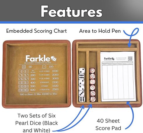 Luck Lab Farkle Dice Tray and Storage Case - Includes Embedded Scoring Combinations, 2 Sets of 6 Pearl Dice, 40 Sheet Score Pad and Pen Holder for The Classic Family Game (Brown) in Kuwait