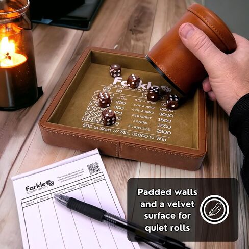 Luck Lab Farkle Dice Tray and Storage Case - Includes Embedded Scoring Combinations, 2 Sets of 6 Pearl Dice, 40 Sheet Score Pad and Pen Holder for The Classic Family Game (Brown) in Kuwait