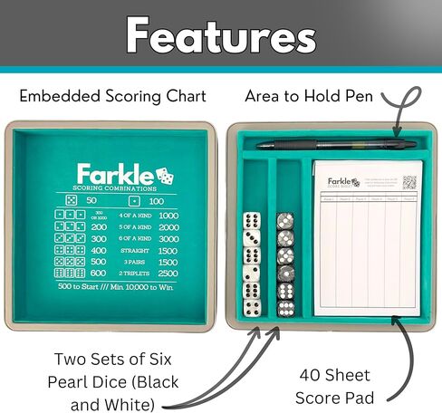 Luck Lab Farkle Dice Tray and Storage Case - Includes Embedded Scoring Combinations, 2 Sets of 6 Pearl Dice, 40 Sheet Score Pad and Pen Holder for The Classic Family Game (Brown) in Kuwait