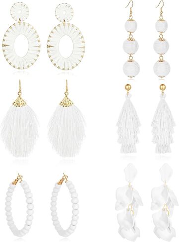 Tornito 6 Pairs Drop Dangle Earrings Boho Statement Raffia Beaded Hoop Earring Geometric Long Tassel Rose Petal Earrings for Women Hot Pink White Color in Saudi Arabia