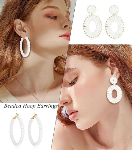 Tornito 6 Pairs Drop Dangle Earrings Boho Statement Raffia Beaded Hoop Earring Geometric Long Tassel Rose Petal Earrings for Women Hot Pink White Color in Saudi Arabia