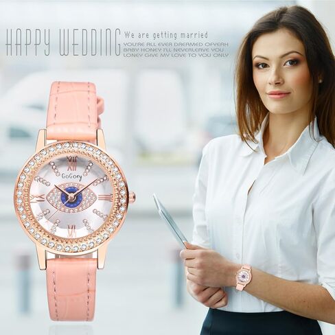 ساعات جلدية نسائية من Avaner مصنوعة من أحجار الراين: ساعات يد أنيقة من الكوارتز التناظرية ذات عين الشر للسيدات in Kuwait