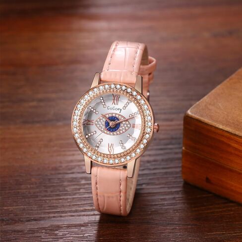 ساعات جلدية نسائية من Avaner مصنوعة من أحجار الراين: ساعات يد أنيقة من الكوارتز التناظرية ذات عين الشر للسيدات in Kuwait