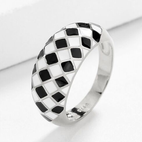 Checkered Ring for Women Black and White Checkered Ring Chunky Dome Rings Checkerboard Bands Statement Finger Ring in Saudi Arabia