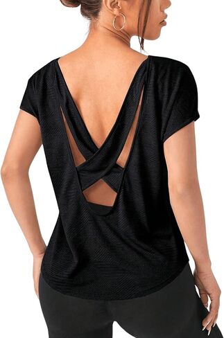 SweatyRocks Women's Criss Cross Backless Yoga Shirt Sports Tops Short Sleeve Round Neck Workout T Shirt in Saudi Arabia