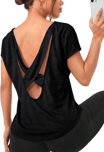 SweatyRocks Women's Criss Cross Backless Yoga Shirt Sports Tops Short Sleeve Round Neck Workout T Shirt in Saudi Arabia