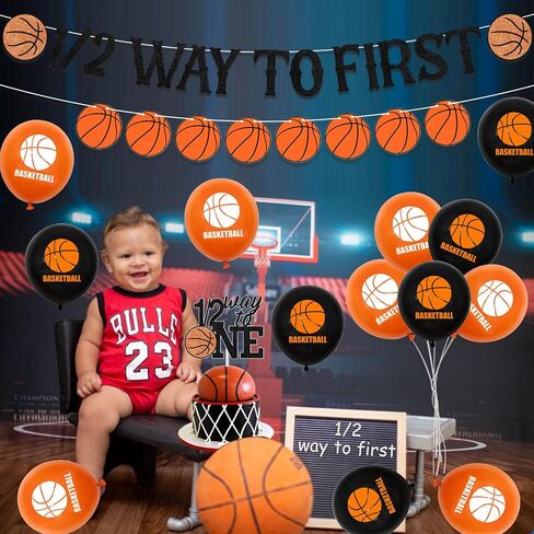Basketball Half Birthday Decorations for Boys - 1/2 Way to First Banner Cake Topper, Basketball Theme Half Year Birthday Party Supplies with Basketball Garland Balloons in Saudi Arabia